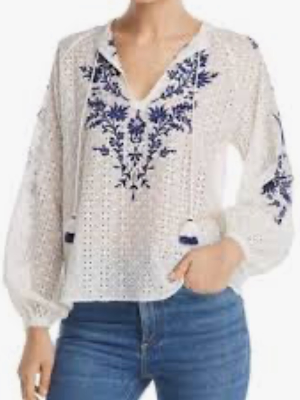 Jade by Johnny Was featuring royal blue floral embroidery and a tie-neck blouse